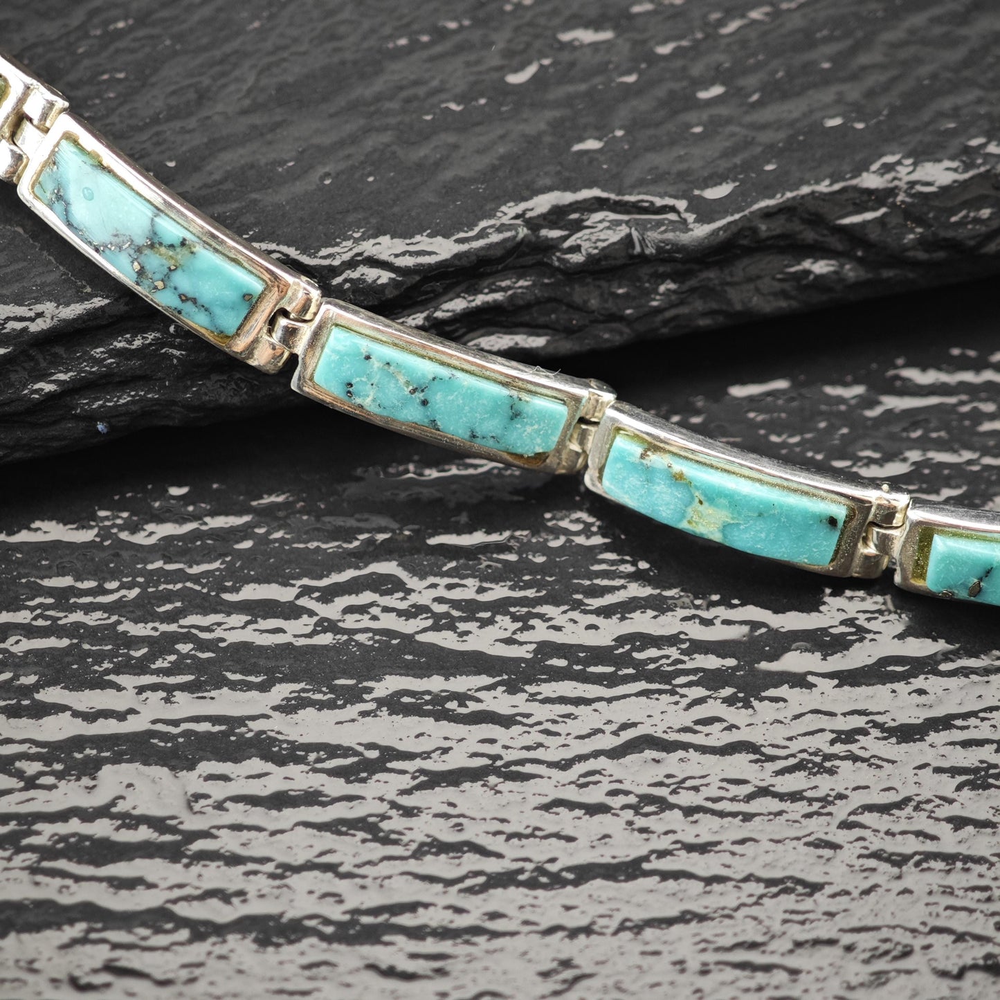 Spiderweb Turquoise Inlay Line Bracelet Sterling Silver Size 6 3/4"