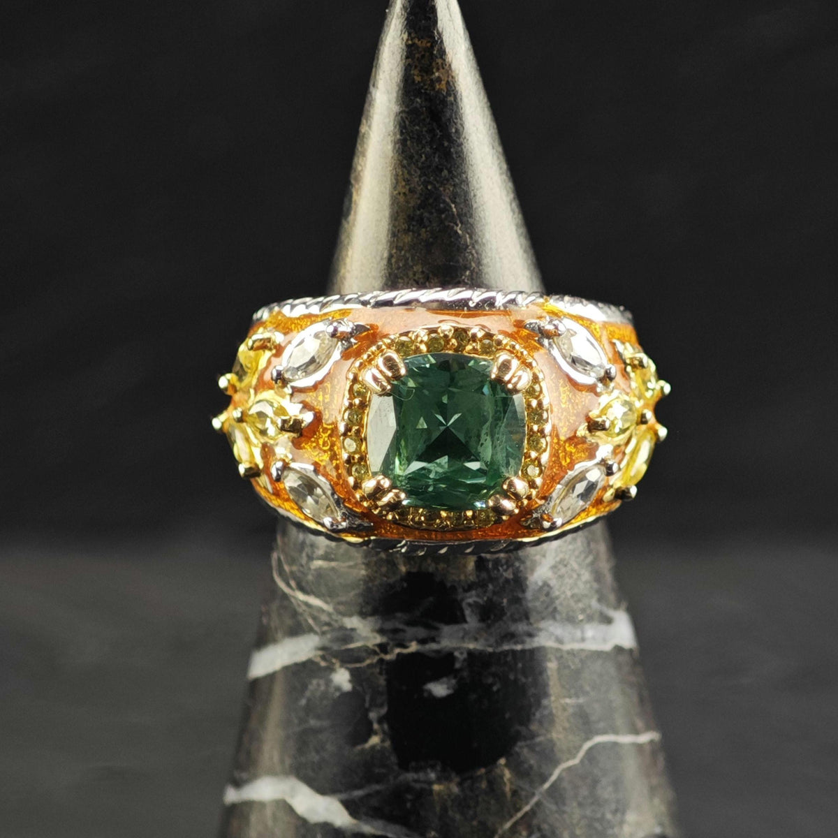 Spinel CZ Orange Enamel Sterling Silver Ring Sz 6 R6836