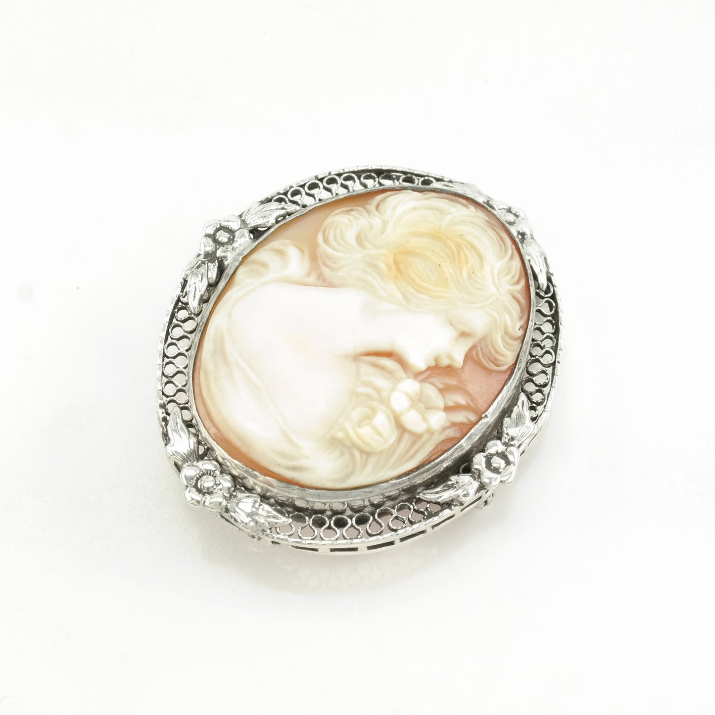 Vintage Silver Brooch Female, Flower, Filigree Cameo Sterling