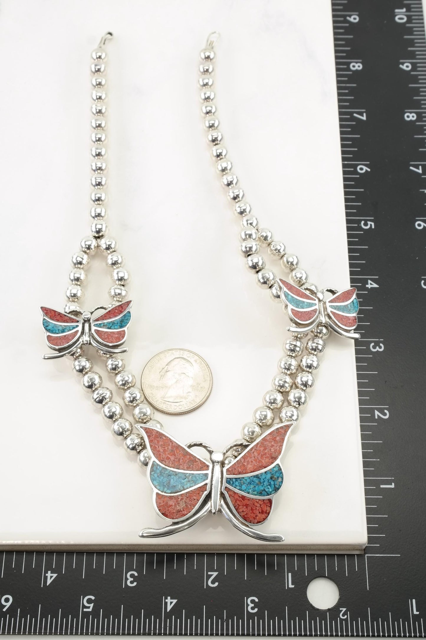 Sterling Silver Butterfly Necklace, Turquoise & Coral, Southwest