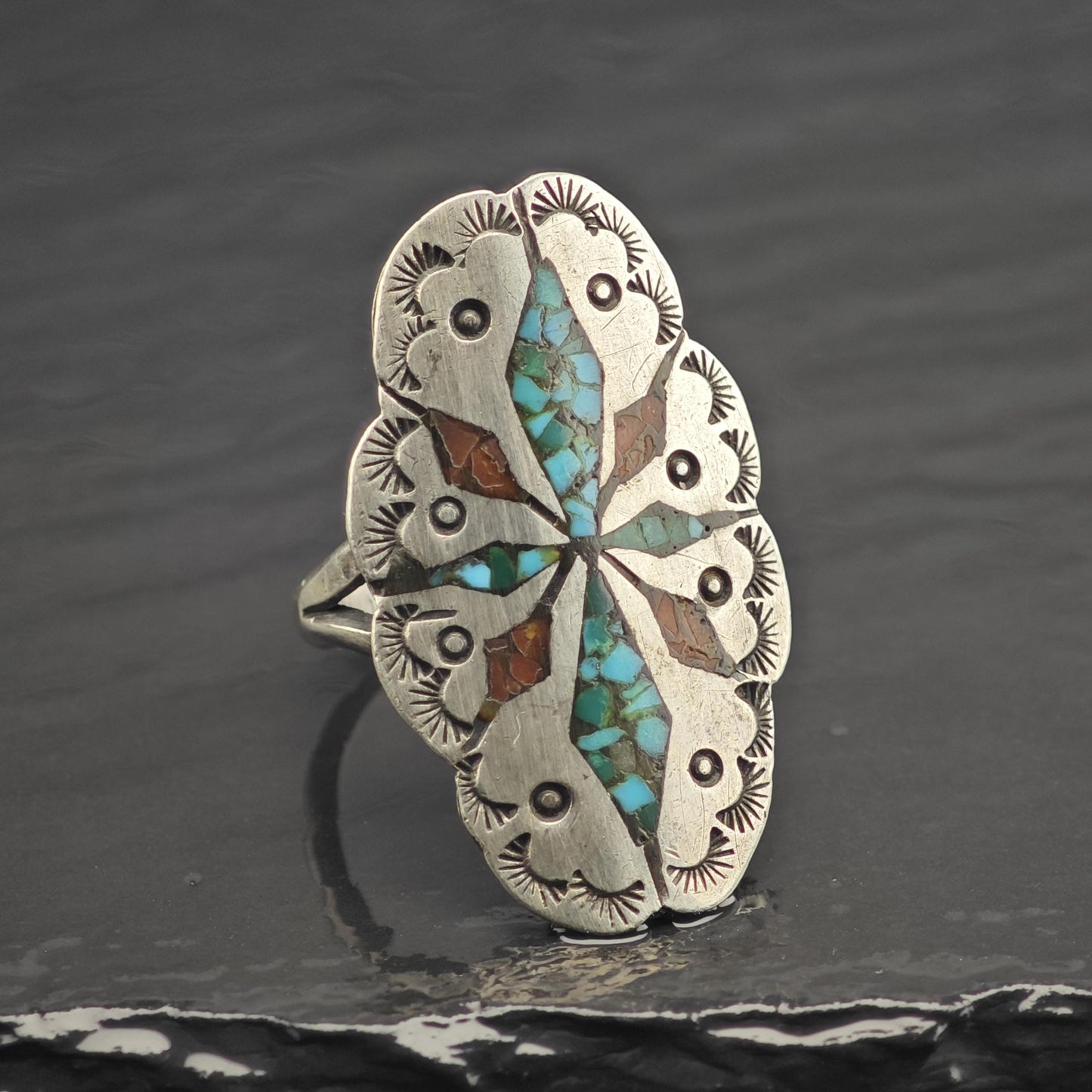 SW Turquoise & Coral Shield Inlay Sterling Silver Ring Sz 7 R6665