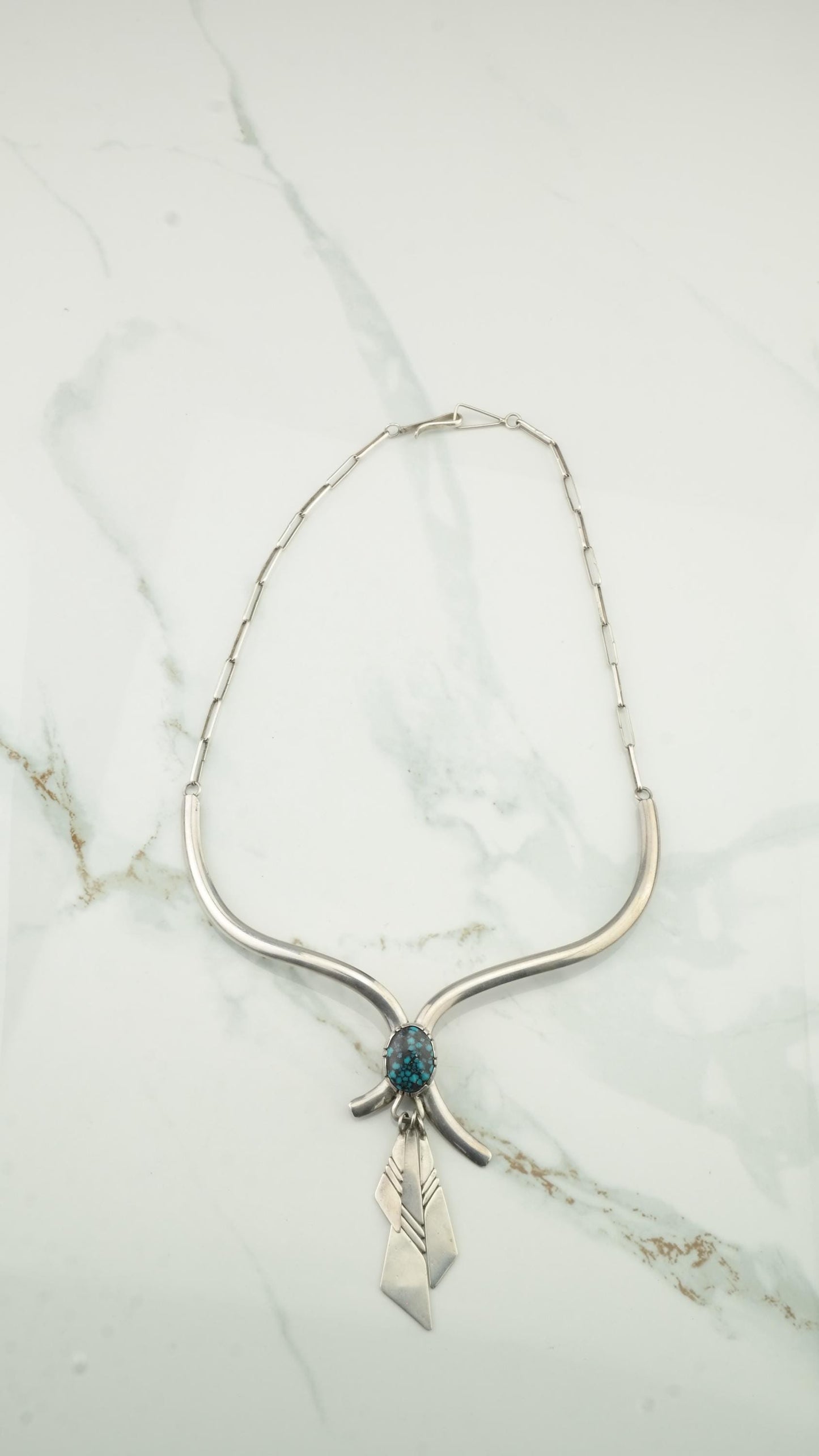 Native American Sterling Silver Turquoise Necklace, Spiderweb Turquoise, Choker, LM Nez, 1970s