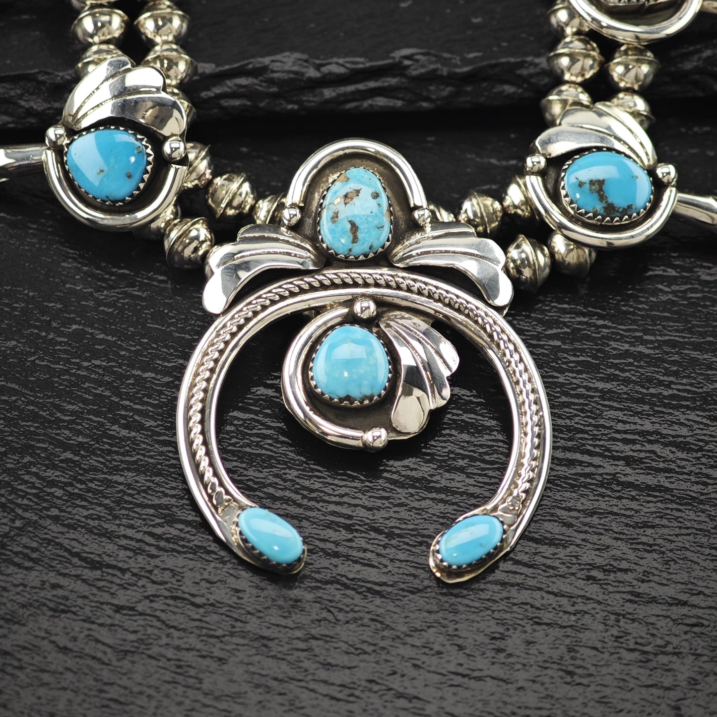 Vintage Native American Sterling Silver Blue Turquoise Squash Blossom Necklace