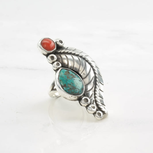 Native American Ring Turquoise, Coral Feather Sterling Silver Size 7 3/4