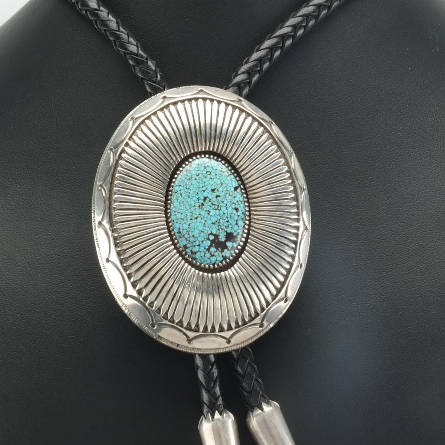 Vintage Sterling Silver Blue Turquoise Spiderweb, Indian Mountain Bolo Tie Necklace