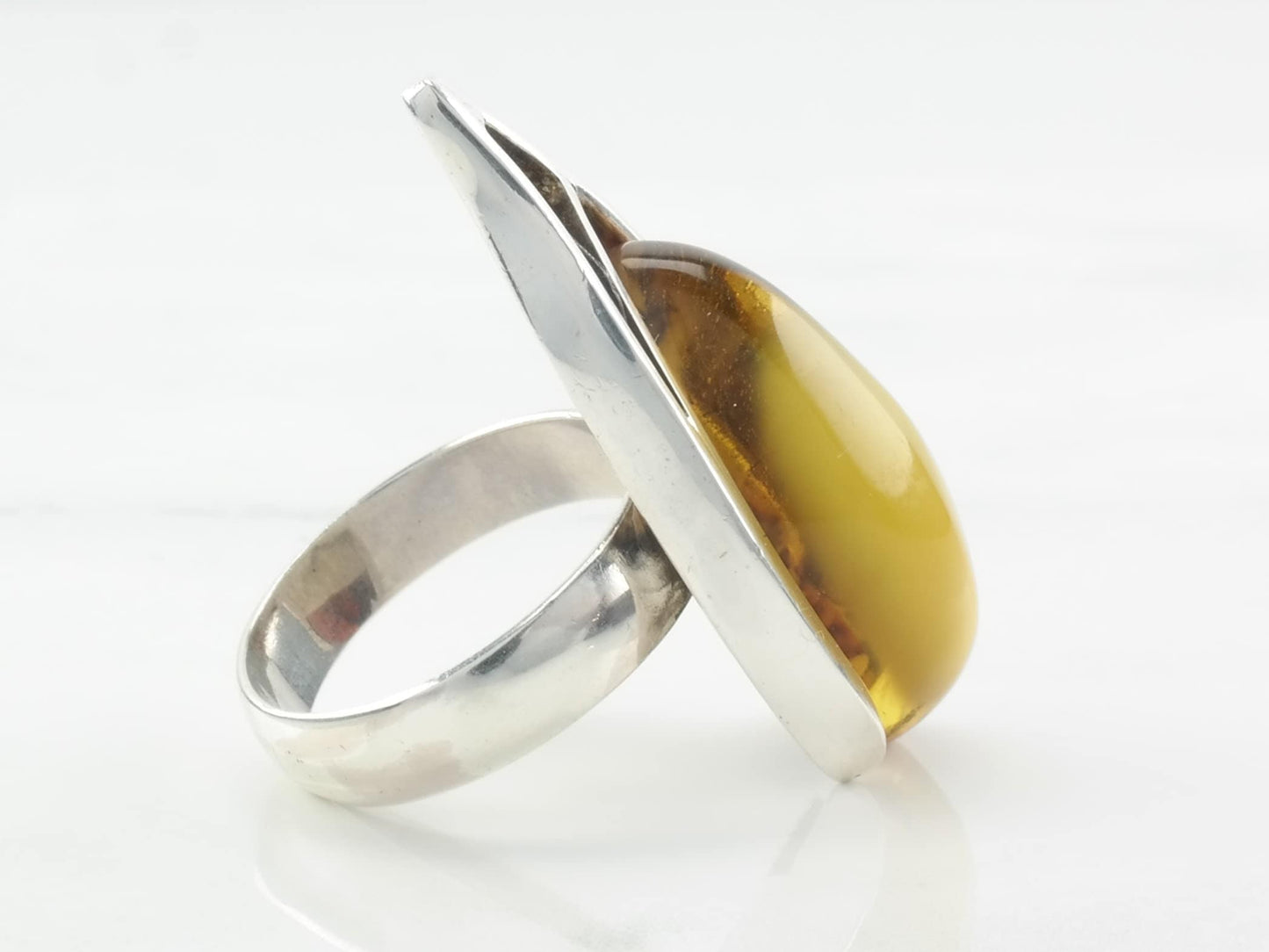 Sterling Silver Amber Ring Modernist Abstract Size 7