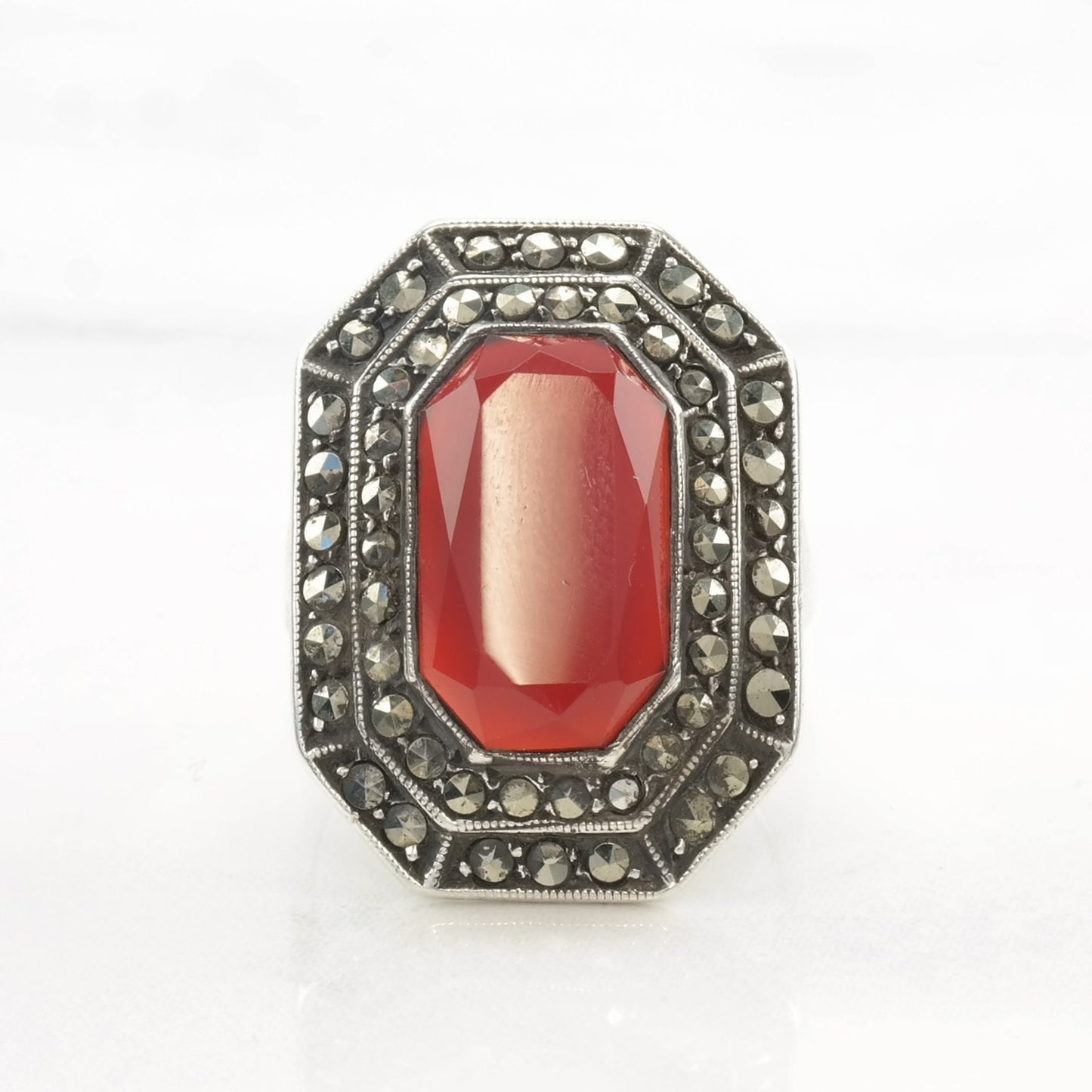 Art Deco Silver Ring Carnelian, Marcasite Sterling Red Size 4 3/4