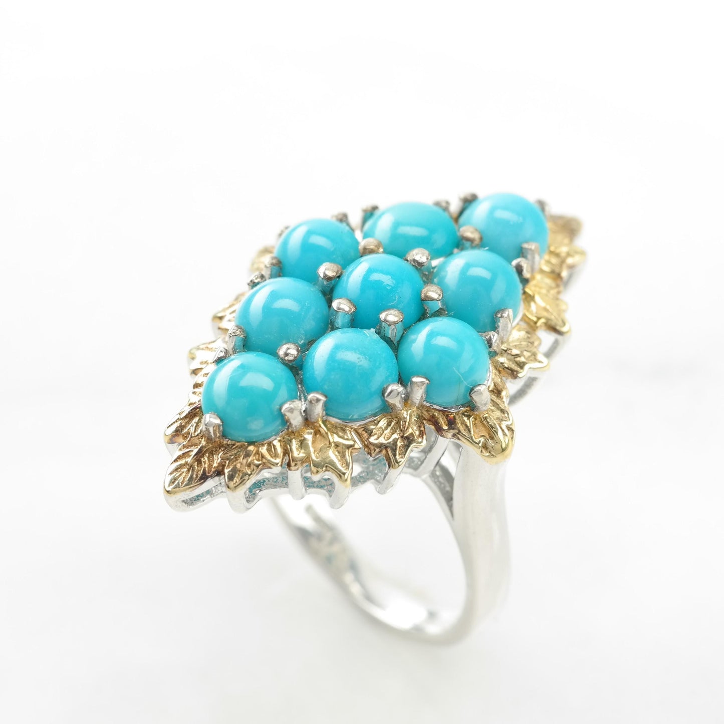 Vintage Sterling Silver Ring Created Turquoise Cluster Gold Plated Top Blue Size 6