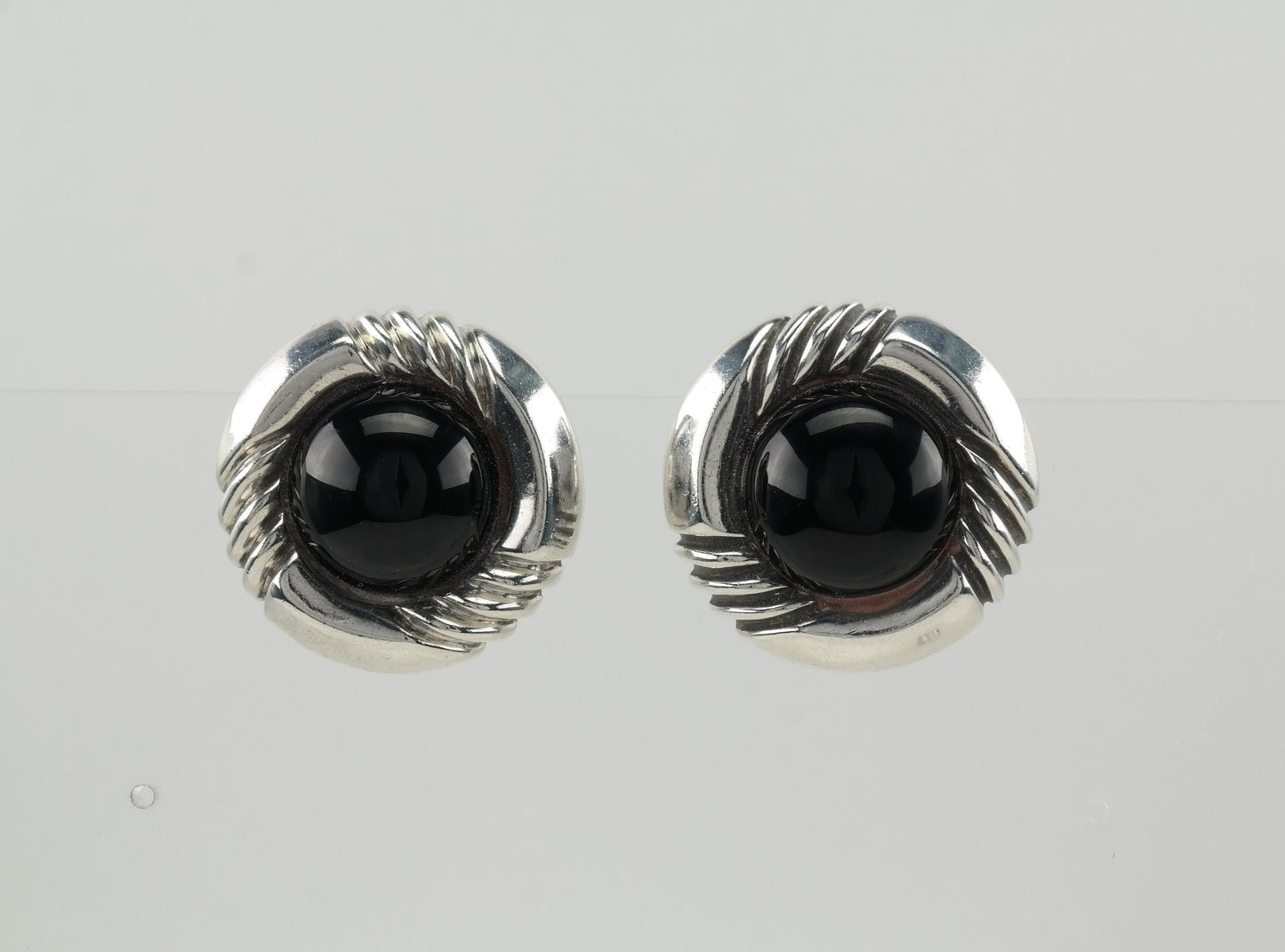 Modernist Sterling Silver Black Onyx Earrings Clip On