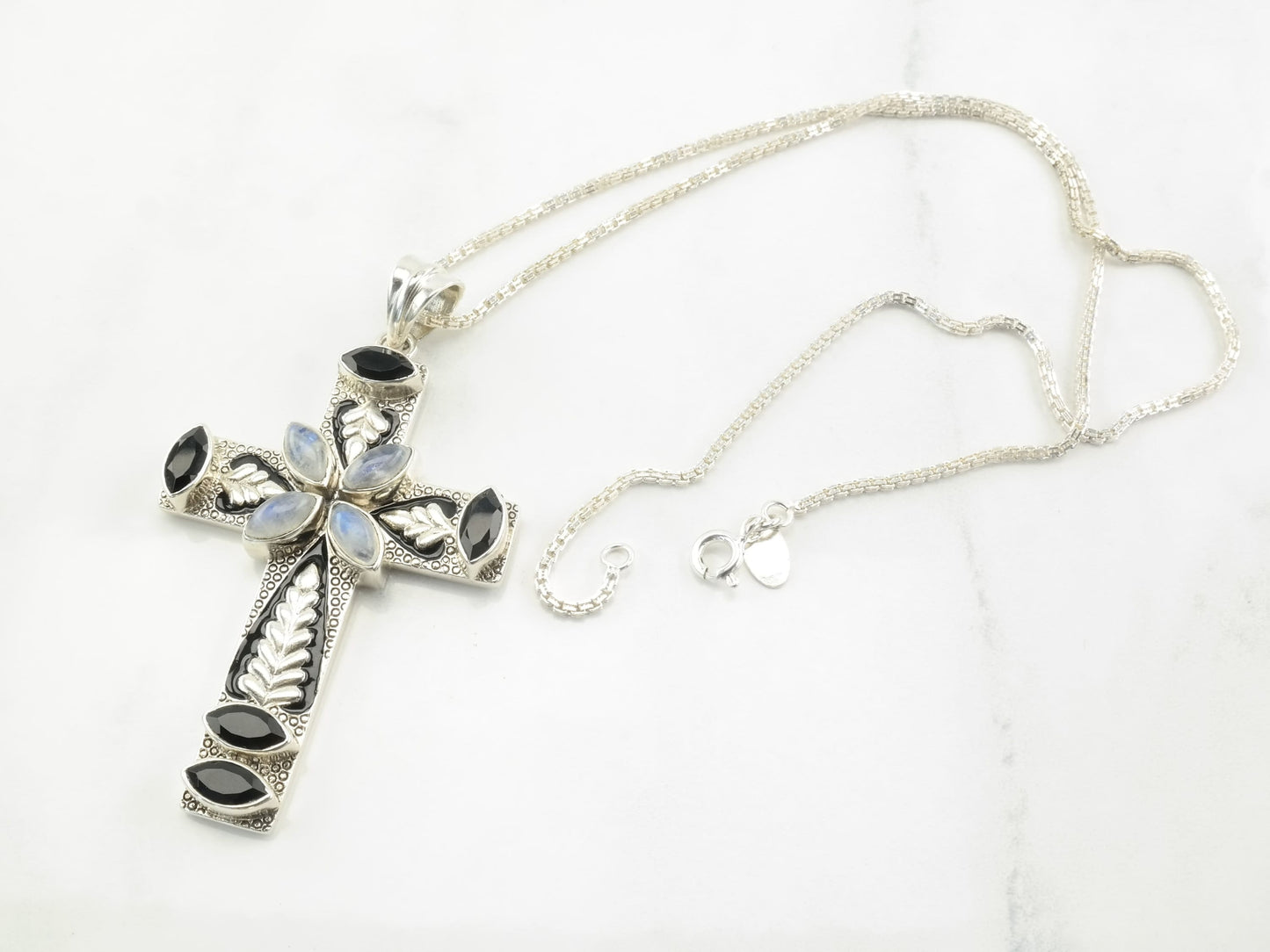 Nicky Buttler Sterling Silver Moonstone Onyx Enamel Large Cross Leaf Necklace