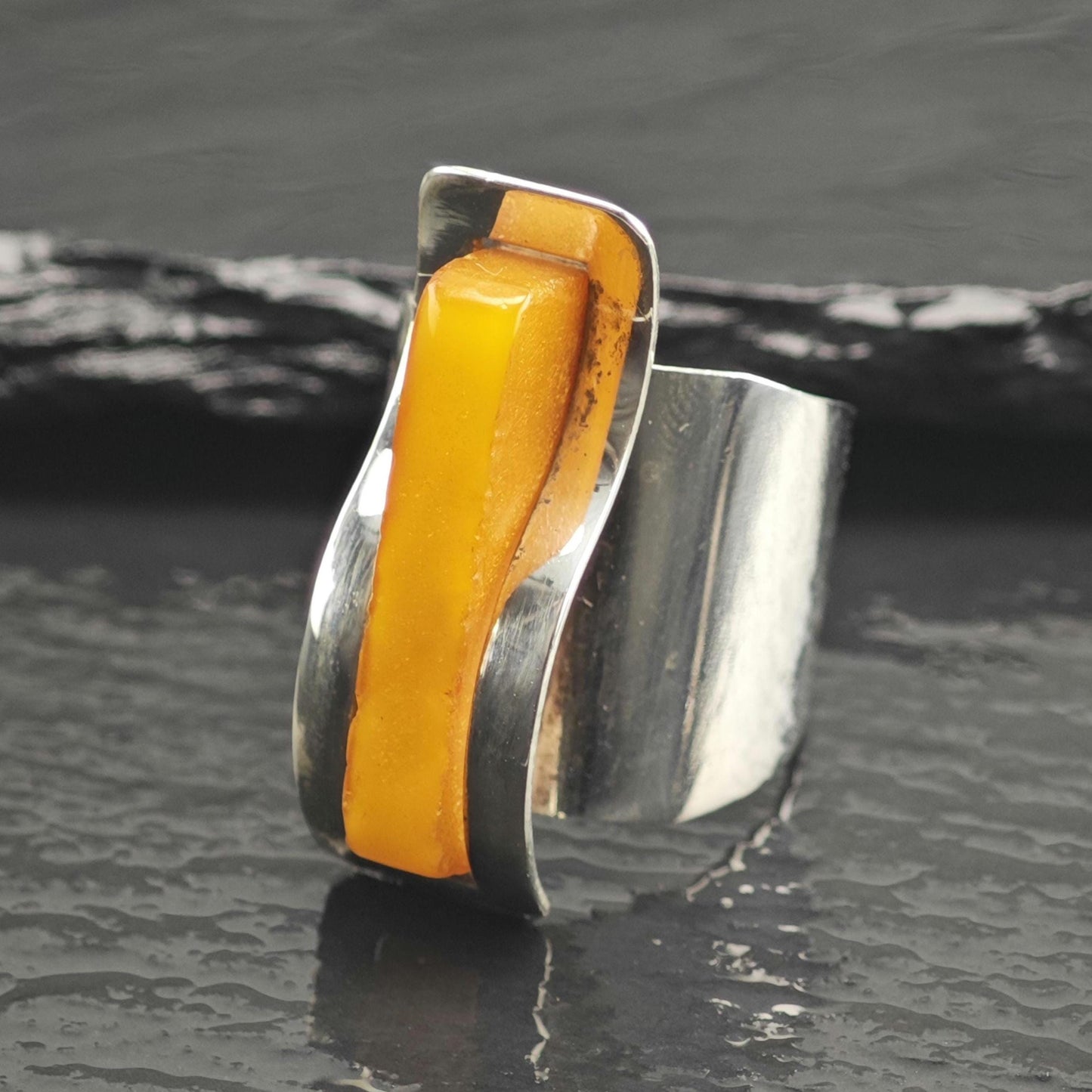 Modernist Butterscotch Amber Ring Sterling Silver Open Band Sz 8 R6683