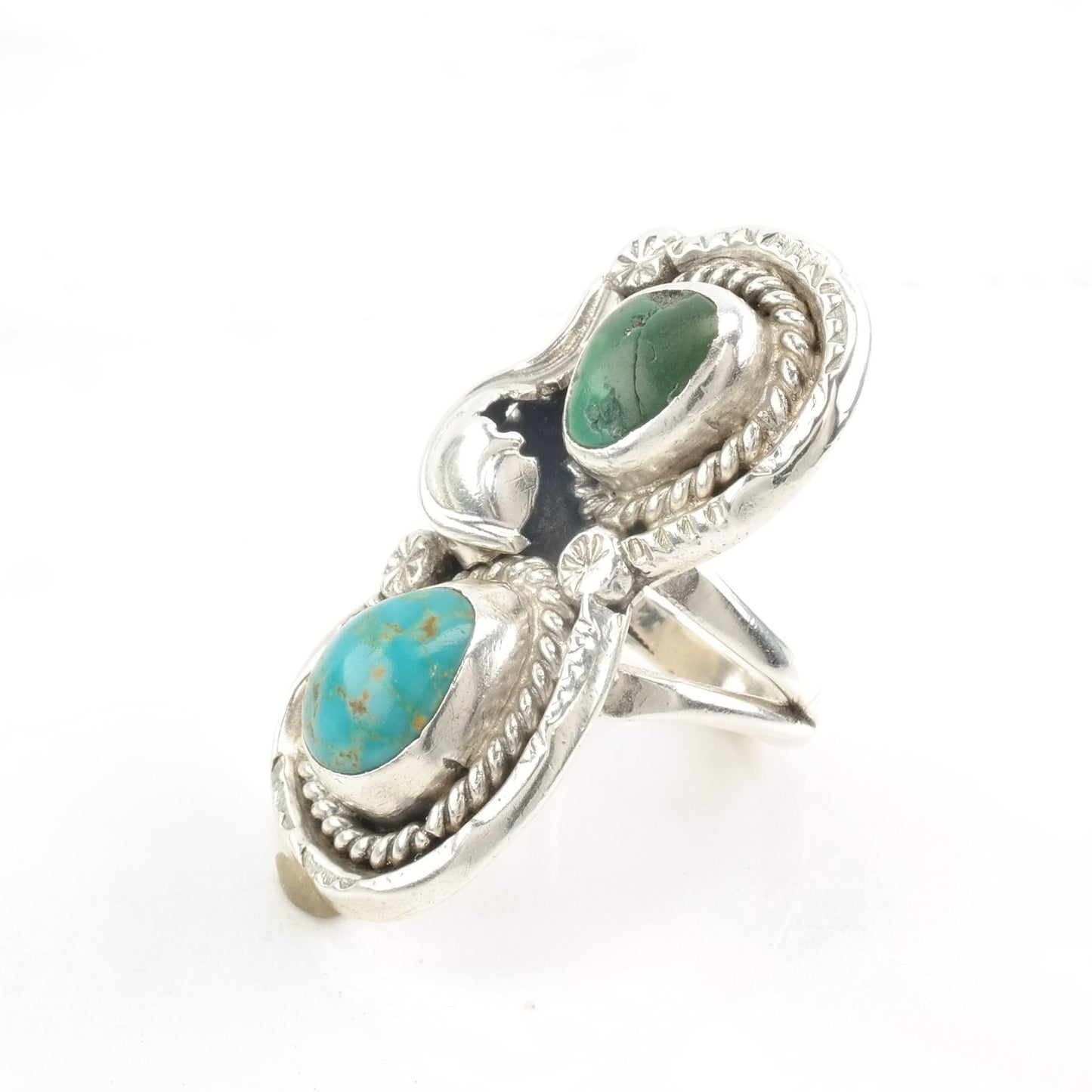 Native American Silver Ring Two Turquoise Leaf Size 6 3/4