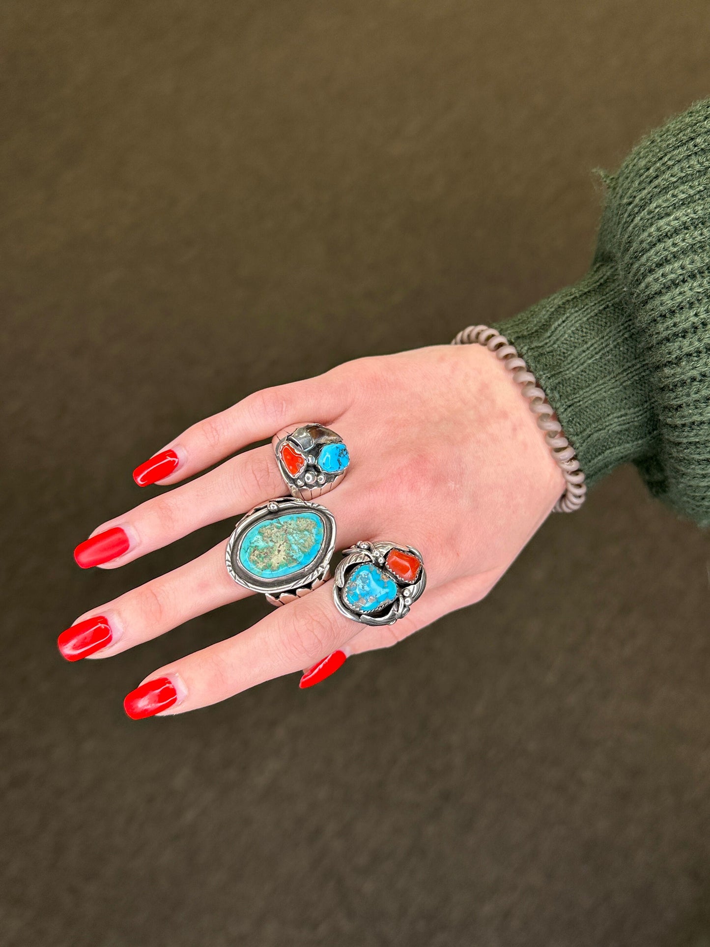 Native American Silver Ring Turquoise Coral Leaf Sterling Size 7 1/4