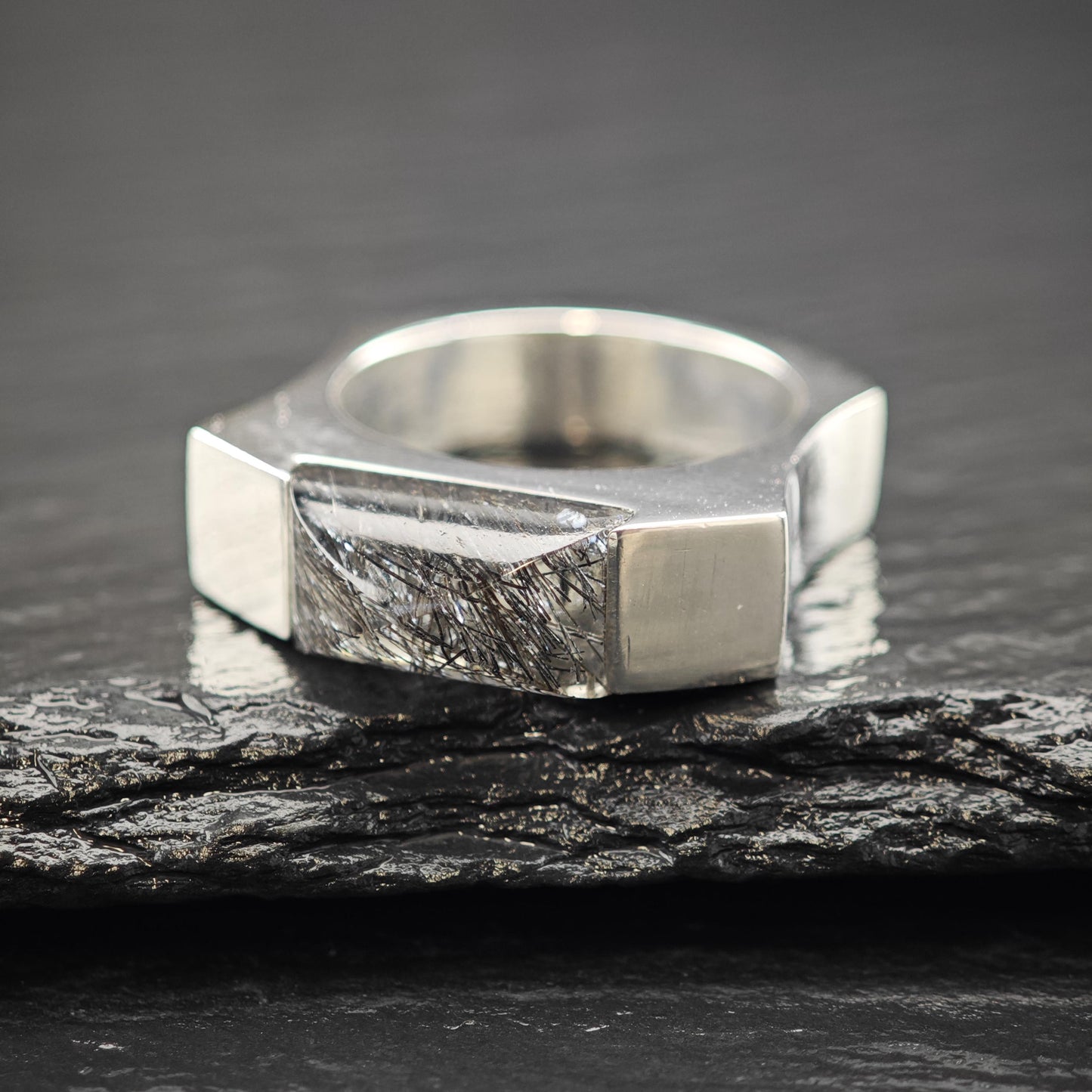 Black Rutilated Quartz Abstract Ring Sterling Silver Sz 8