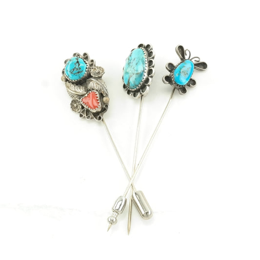 Choice: Native American Sterling Silver Brooch Floral Blue, Red Turquoise, Coral