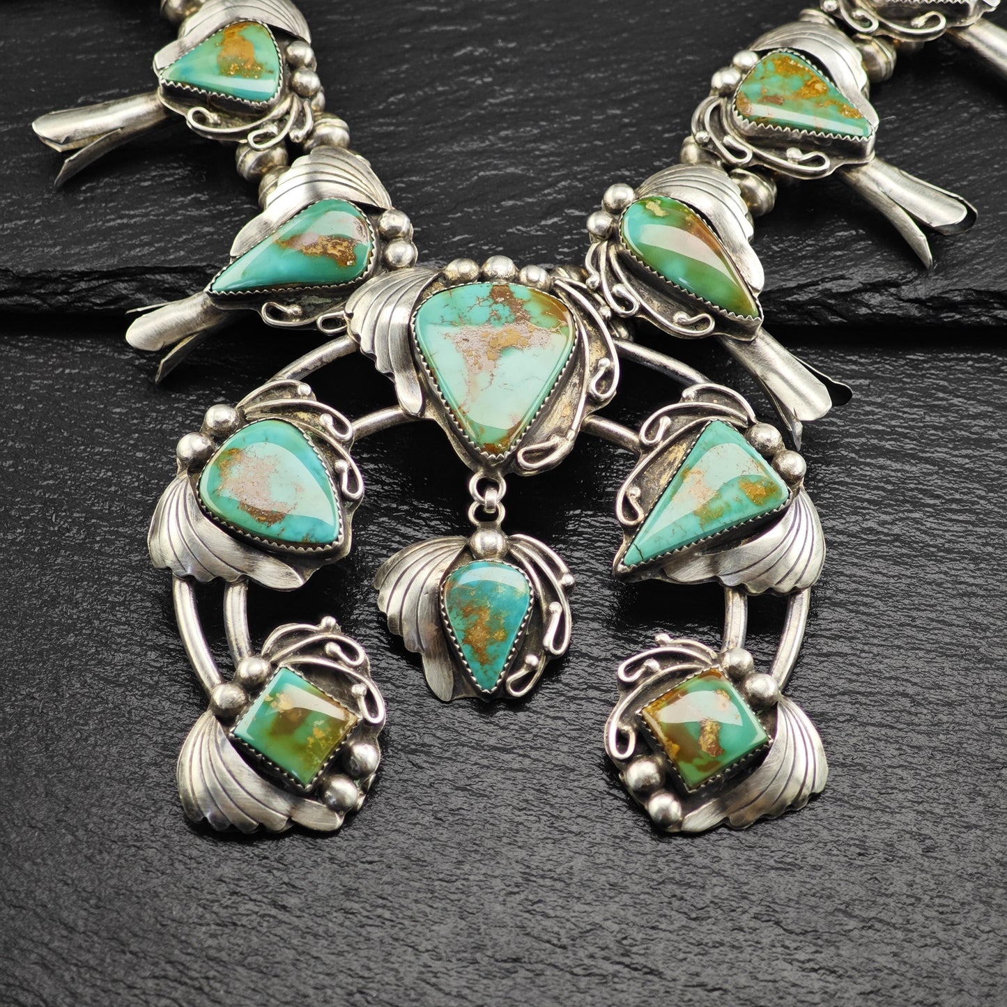 Native American Green Royston Turquoise Squash Blossom Necklace Sterling Silver