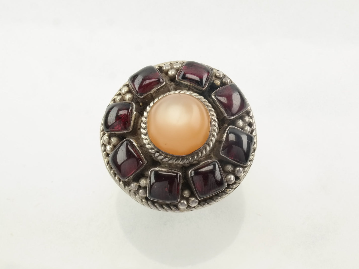 Modernist Silver Ring MOP, Garnet Sterling Size 5 3/4