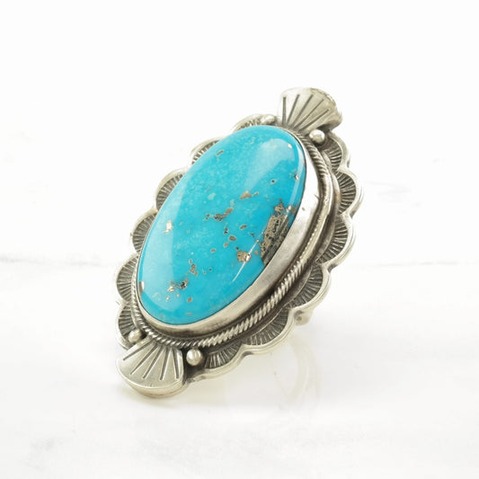 Native American Silver Ring Huge Turquoise Scallop Edge Sterling Size 6