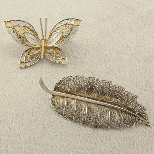 Vintage Italy Butterfly, Leaf Lightly Gold Gilded Sterling Silver Brooch