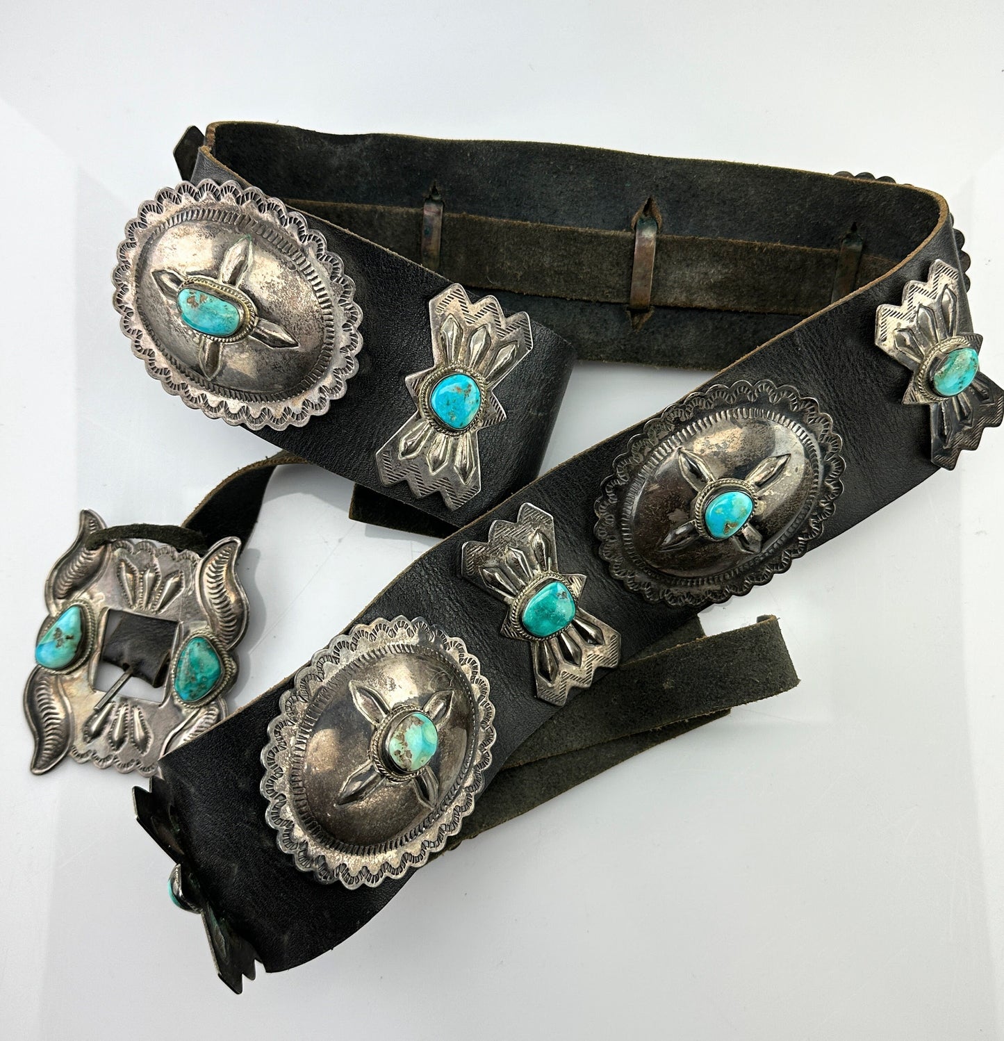 Large Native American Leather Belt Turquoise Sterling Silver