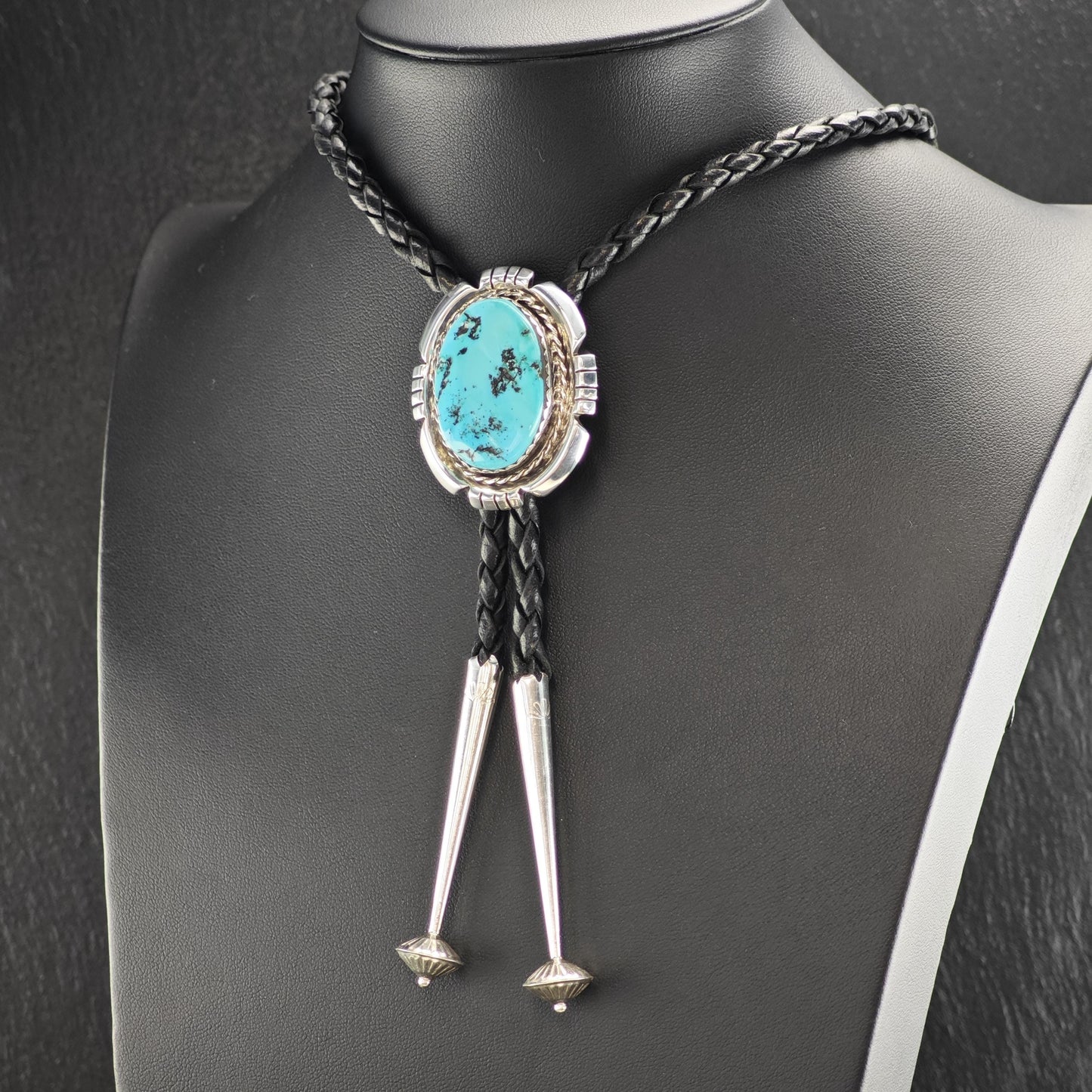 Vintage Native American Sterling Silver Sleeping Beauty Turquoise Bolo Tie Necklace N2745
