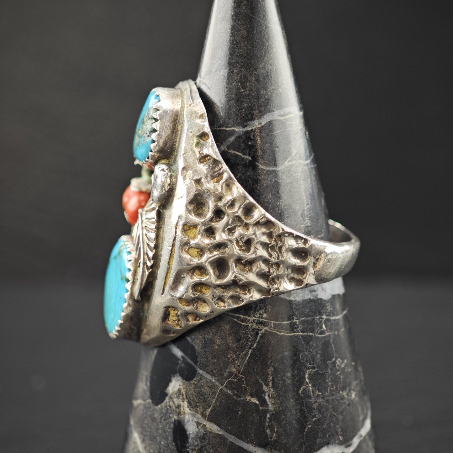 Native American Turquoise, Coral Floral Ring Sterling Silver Sz 13 1/4