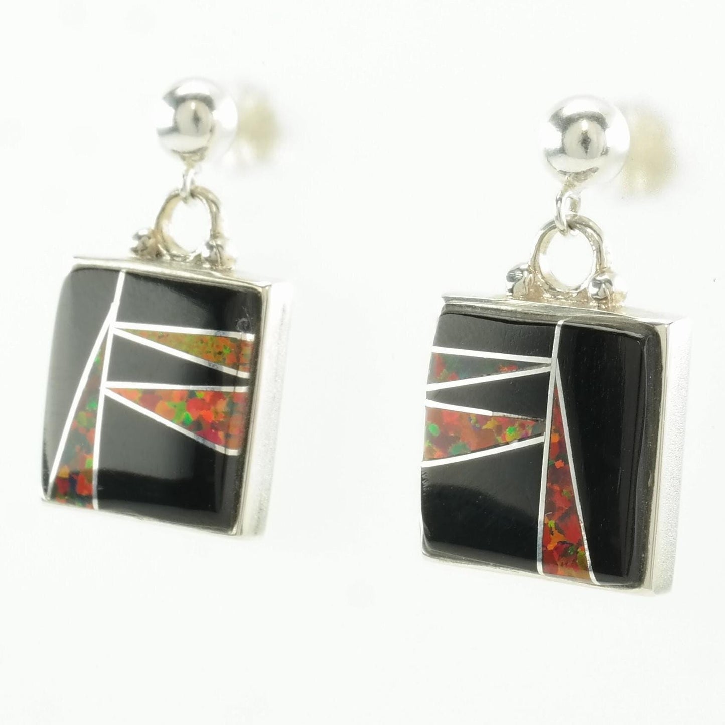 Ferris Sterling Silver Onyx, Fire Lab Opal Inlay Earrings Stud, Dangle