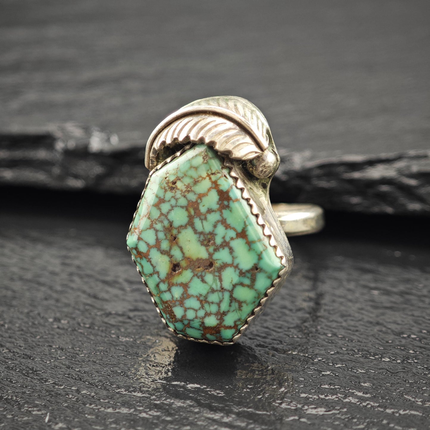 Native American Spiderweb Green Turquoise Ring Sterling Silver Sz 6