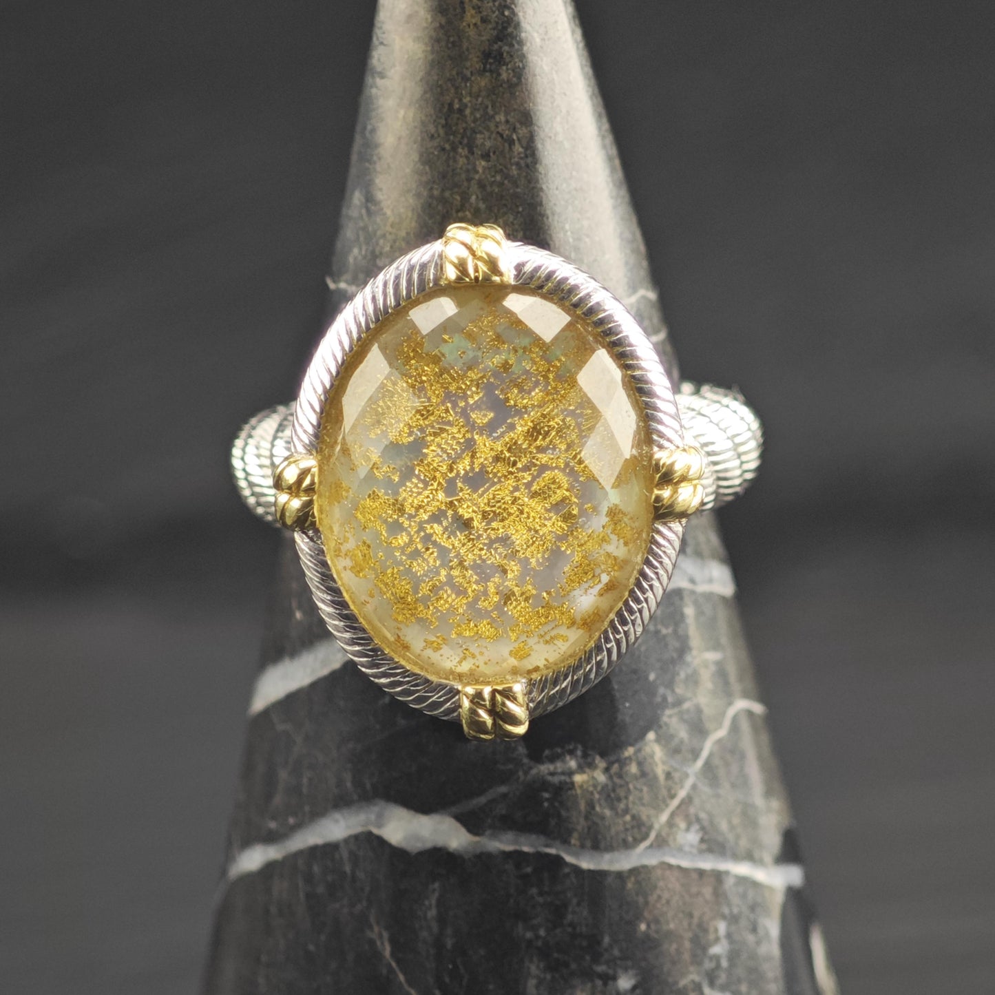 Judith Ripka Gold Flake Quartz Doublet & Gold Accent Sterling Silver Ring Sz 8 R6685