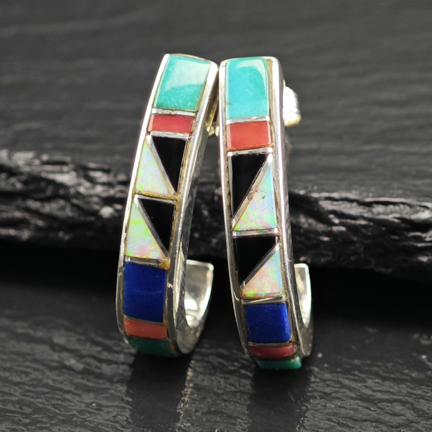 Turquoise, Coral, Lab Opal, Jet, Lapis Inlay Sterling Silver Earrings ER3115