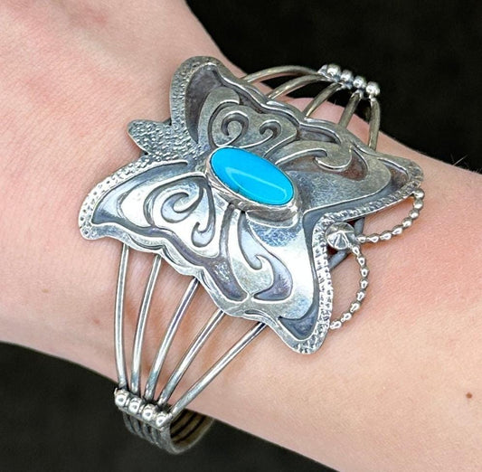 Vintage Native American Sterling Silver Turquoise Butterfly Cuff Bracelet, Southwestern Jewelry, Signed