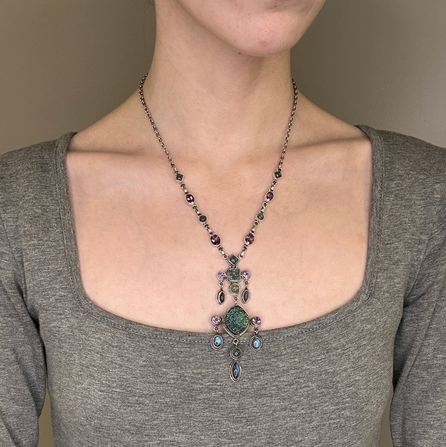 Nicky Butler Dangle Necklace Sterling Silver Purple, Green Labradorite, Amethyst, Druzy