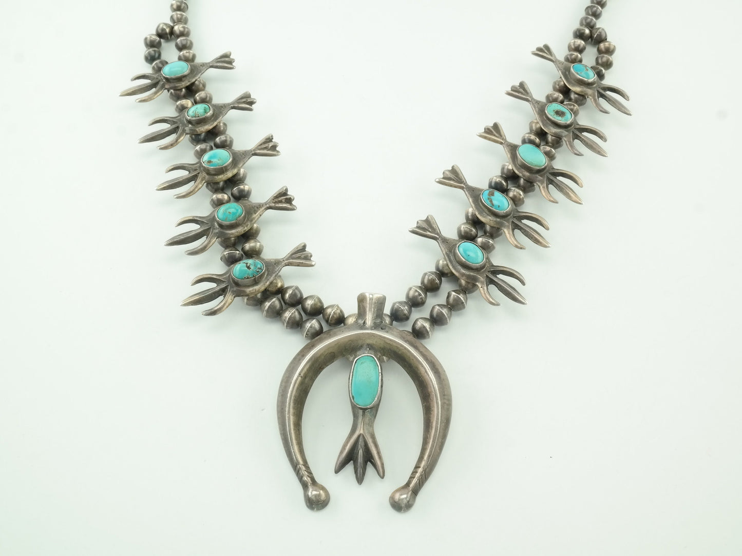 Vintage Squash Blossom Native American Sterling Silver Blue Turquoise Necklace