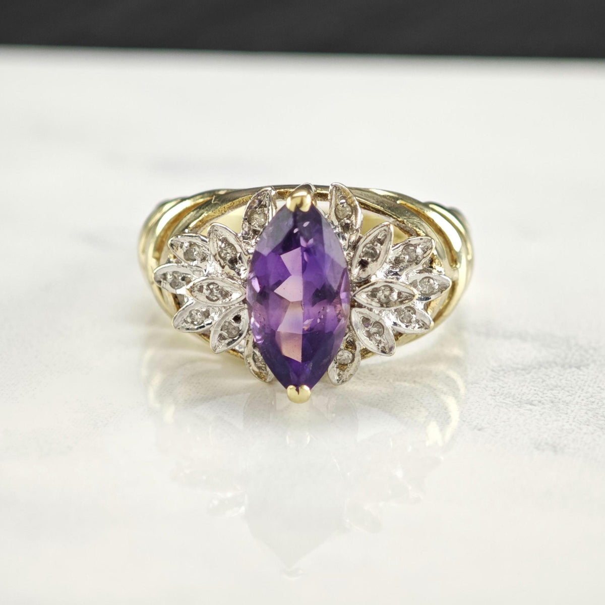 Marquis Amethyst & Diamond 10K Gold Ring Sz 7 1/2 R6771