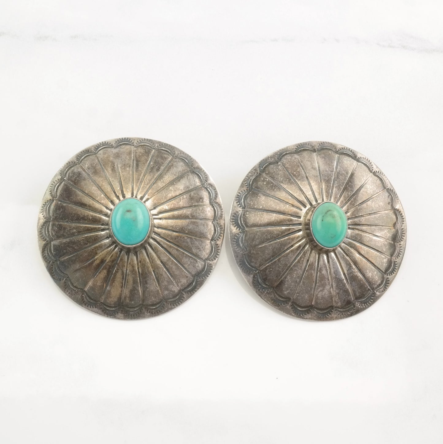 Native American Sterling Silver Blue Turquoise Large Concho Earrings Stud