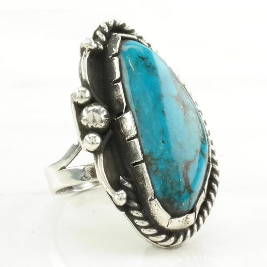 Vintage Southwest Silver Ring Turquoise Rope Detail Sterling Blue Size 8