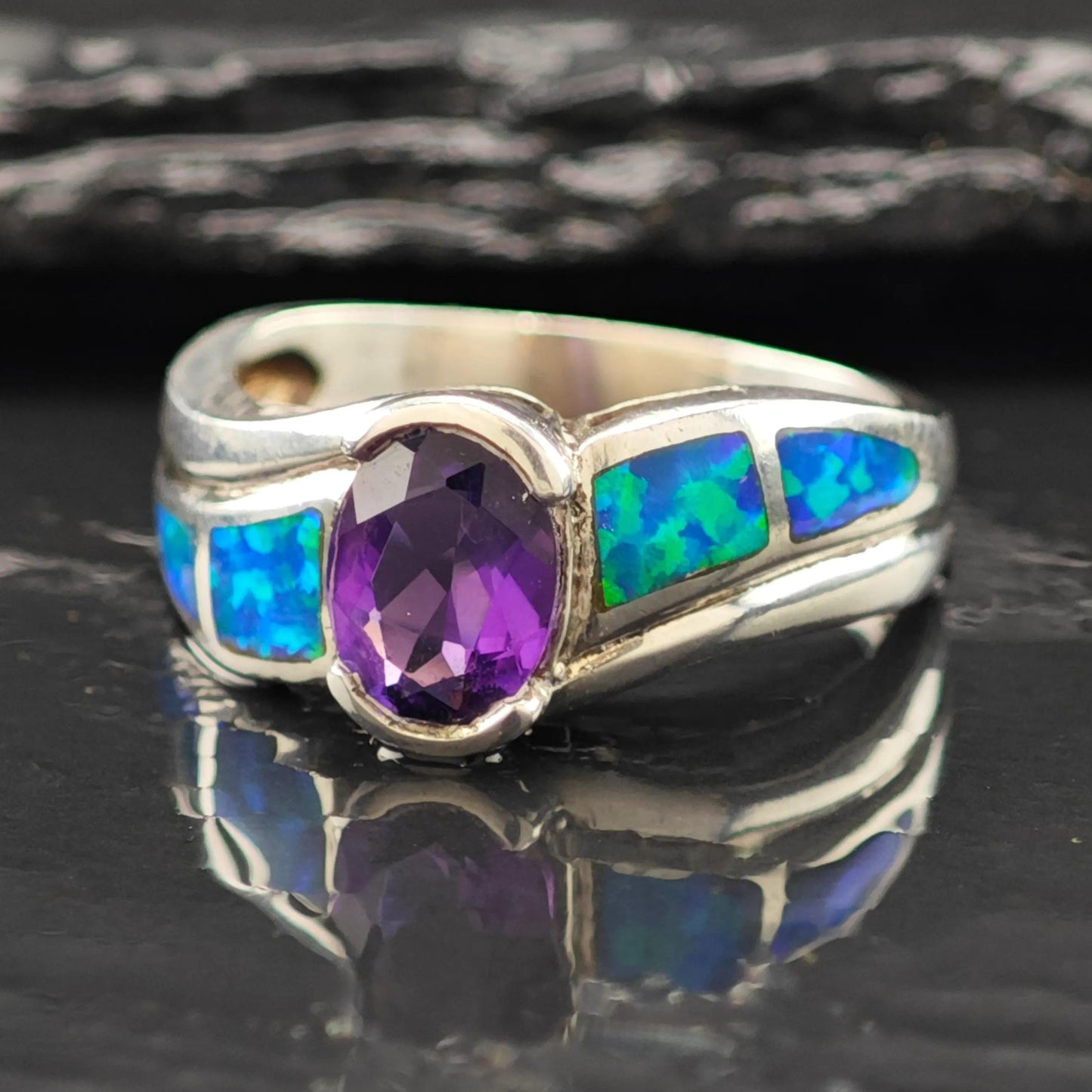 Lab Opal Inlay Amethyst Ring Sterling Silver Sz 8 R6221