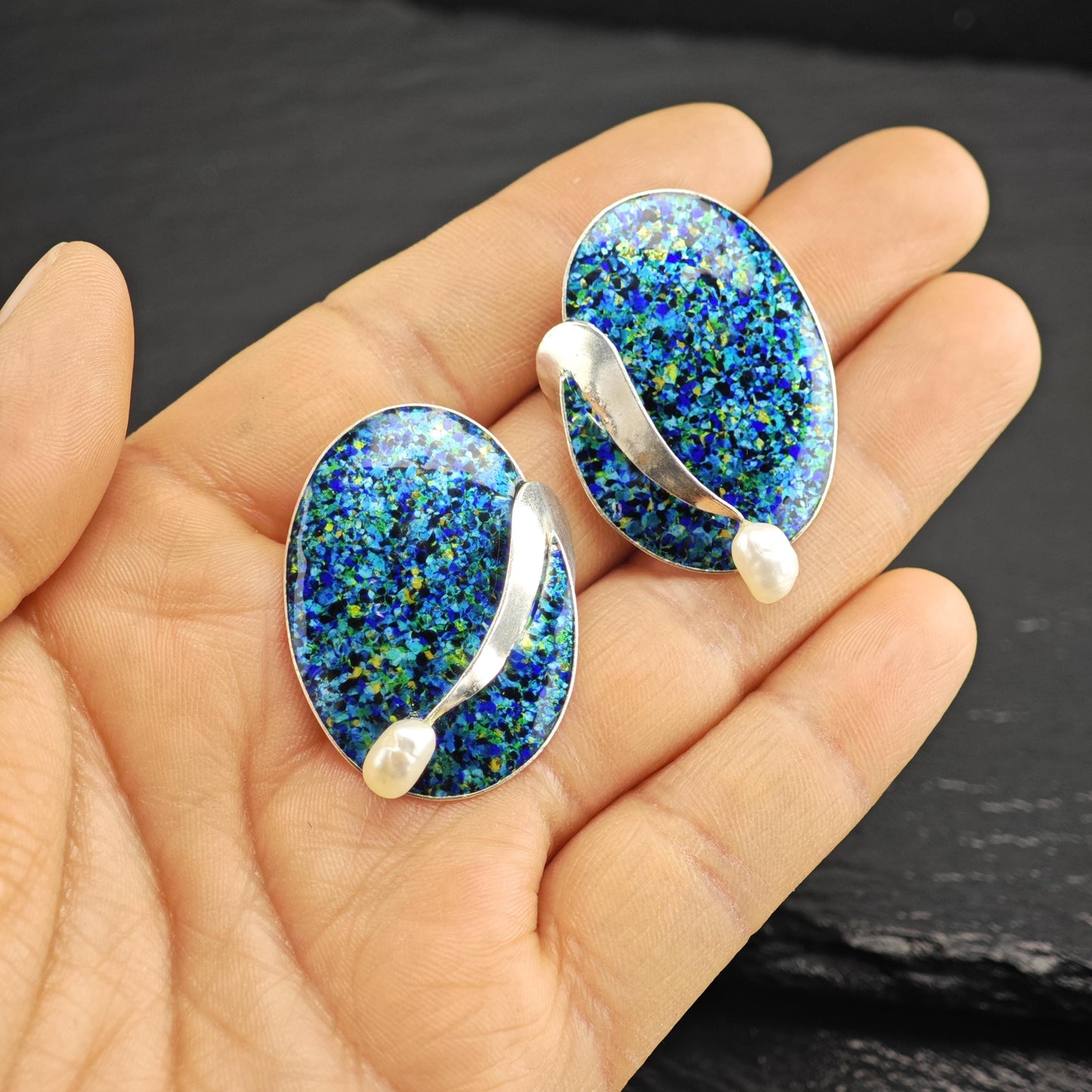 Modernist Handmade Pearl, Enamel Sterling Silver Stud Earrings ER3181