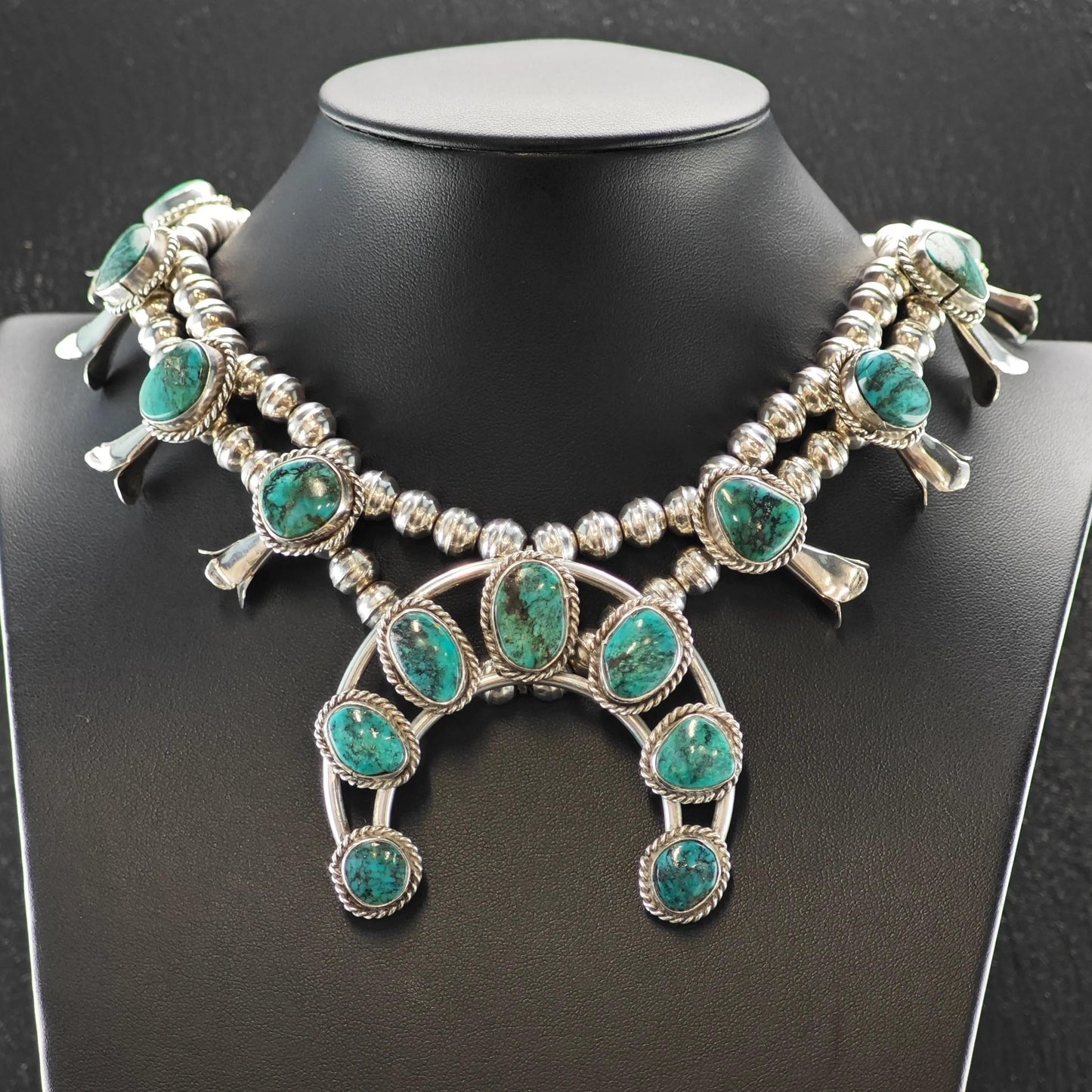 Sw Sterling Silver Blue Turquoise Squash Blossom Necklace 25"