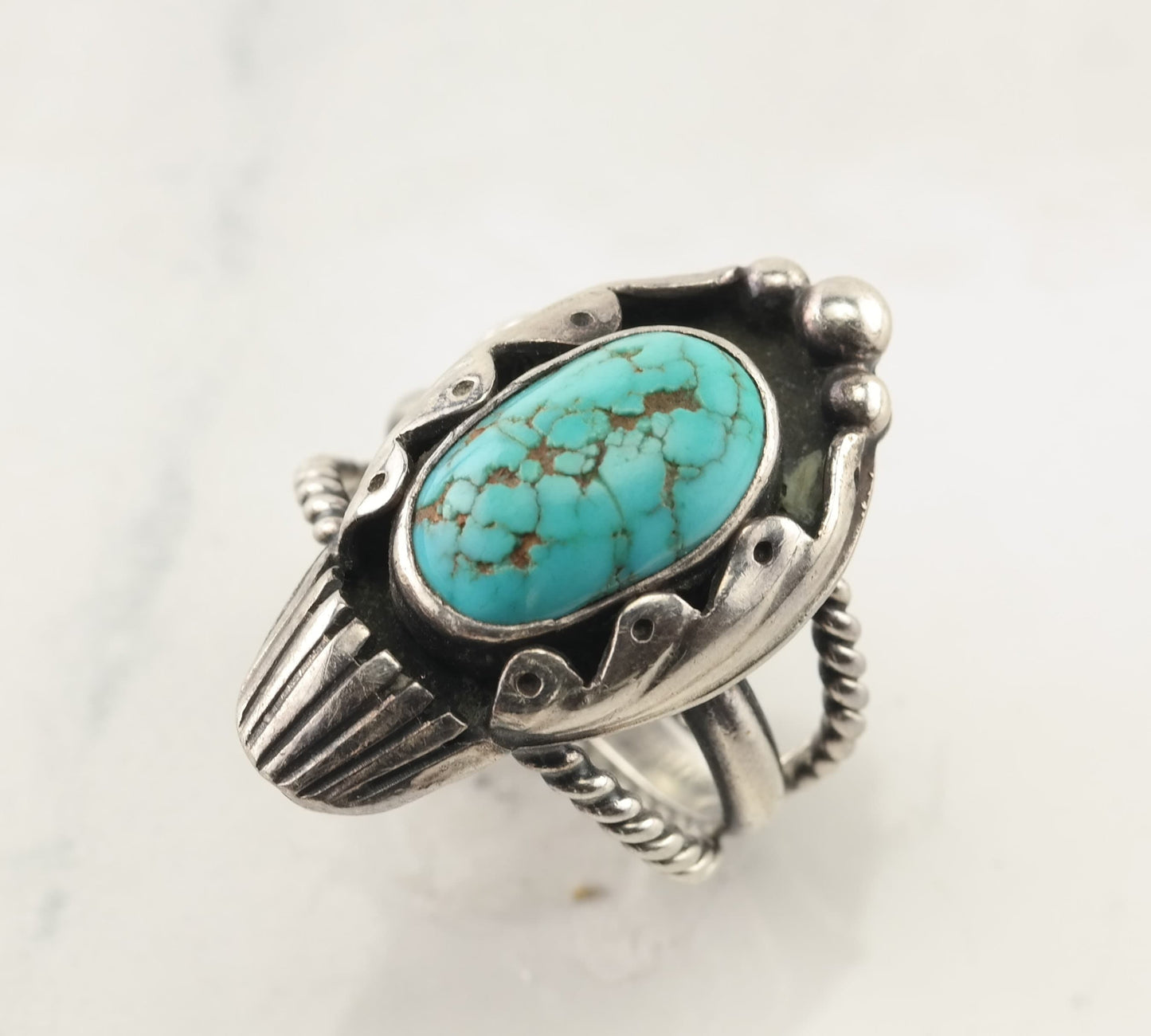 Native American Silver Ring Spiderweb Turquoise Shadowbox Sterling Size 7 1/2