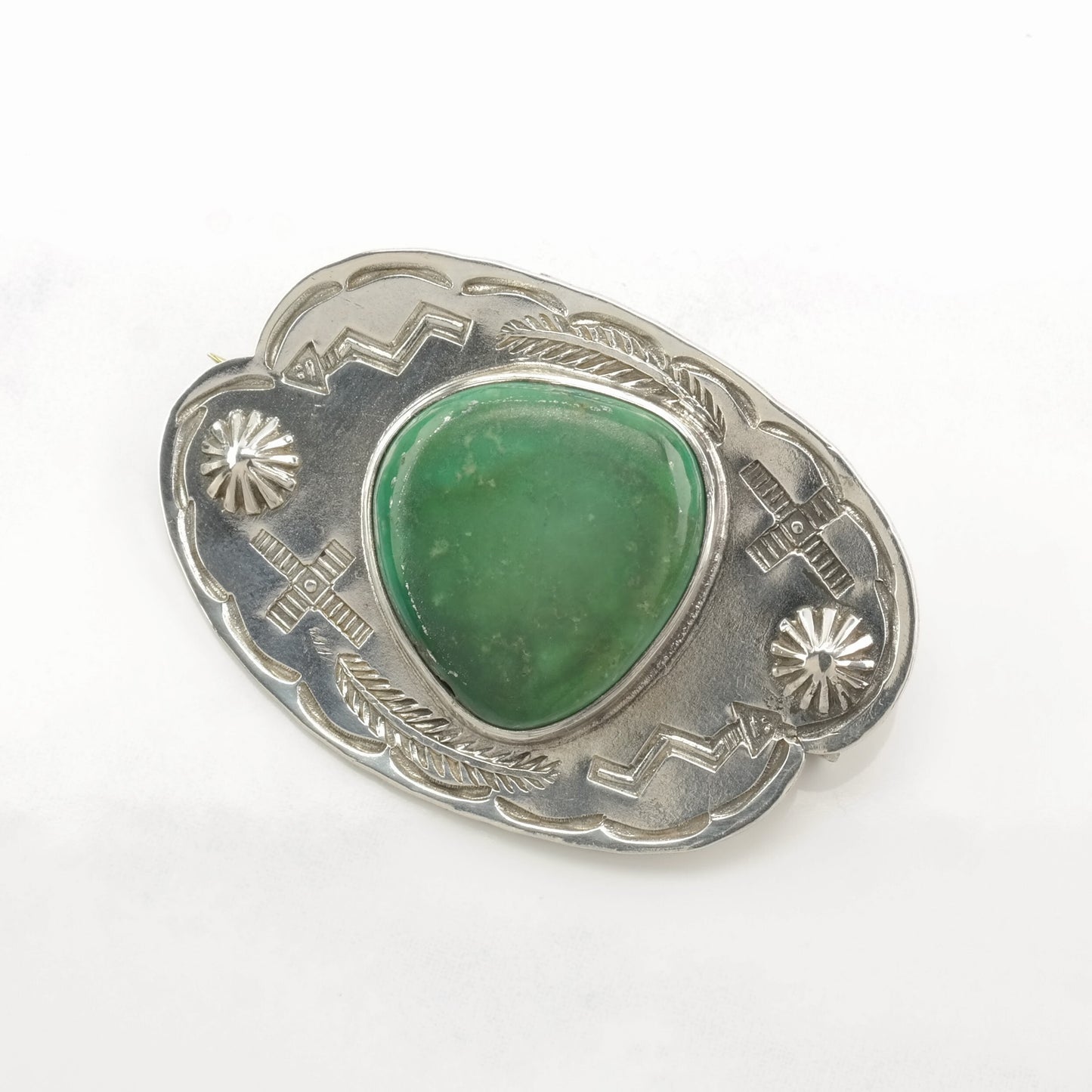 Native American Sterling Silver Brooch Fred Harvey Era Green Turquoise