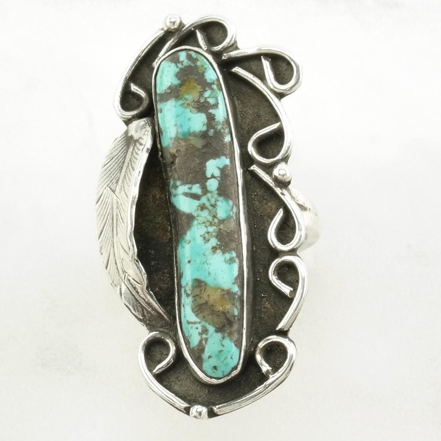 Vintage Native American Silver Ring Turquoise Leaf, Large Sterling Blue Size 6 3/4