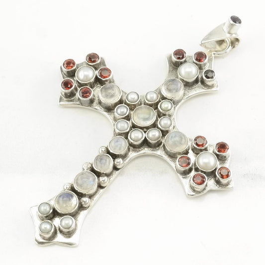 Vintage Nicky Butler Moonstone, Pearl, Garnet Cross Sterling Silver Pendant