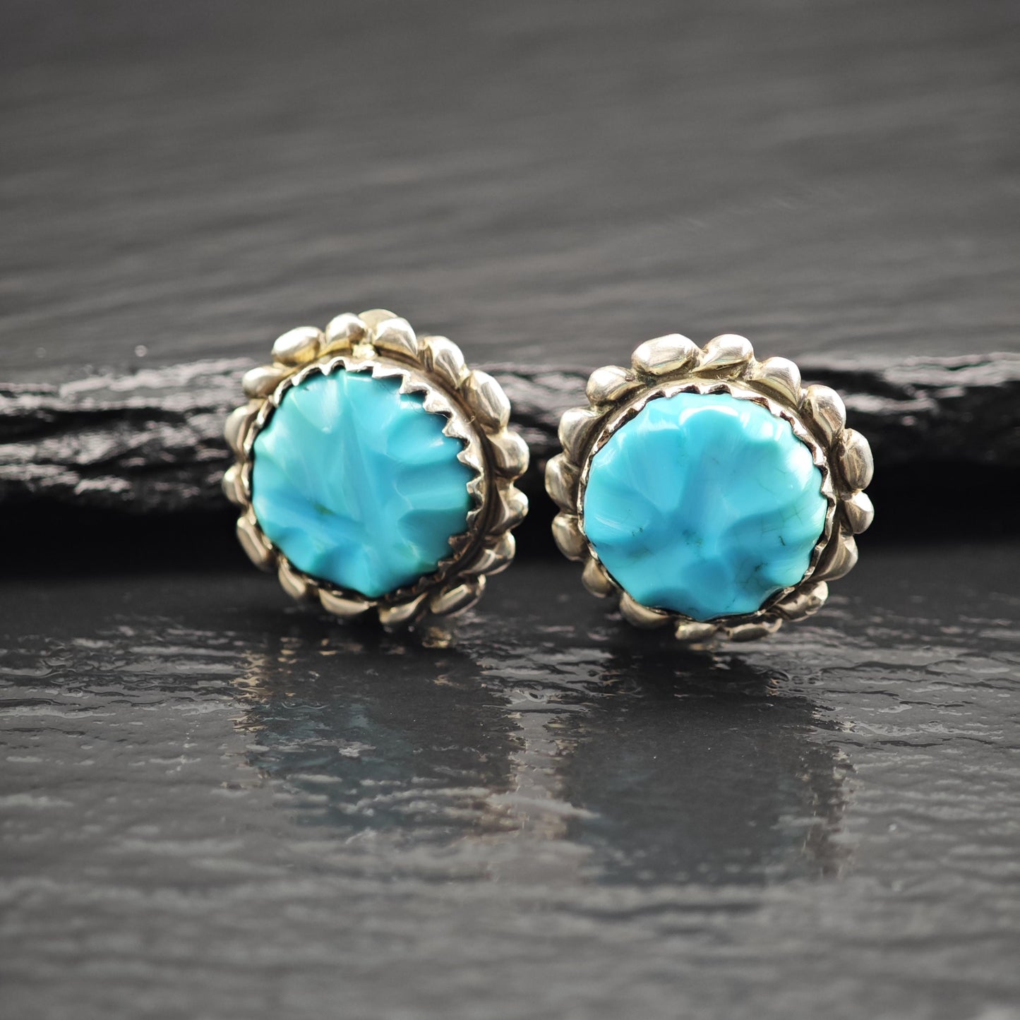 Vintage Zuni, Native American Carved Turquoise Stud/Clip On Sterling Silver Earrings ER3169
