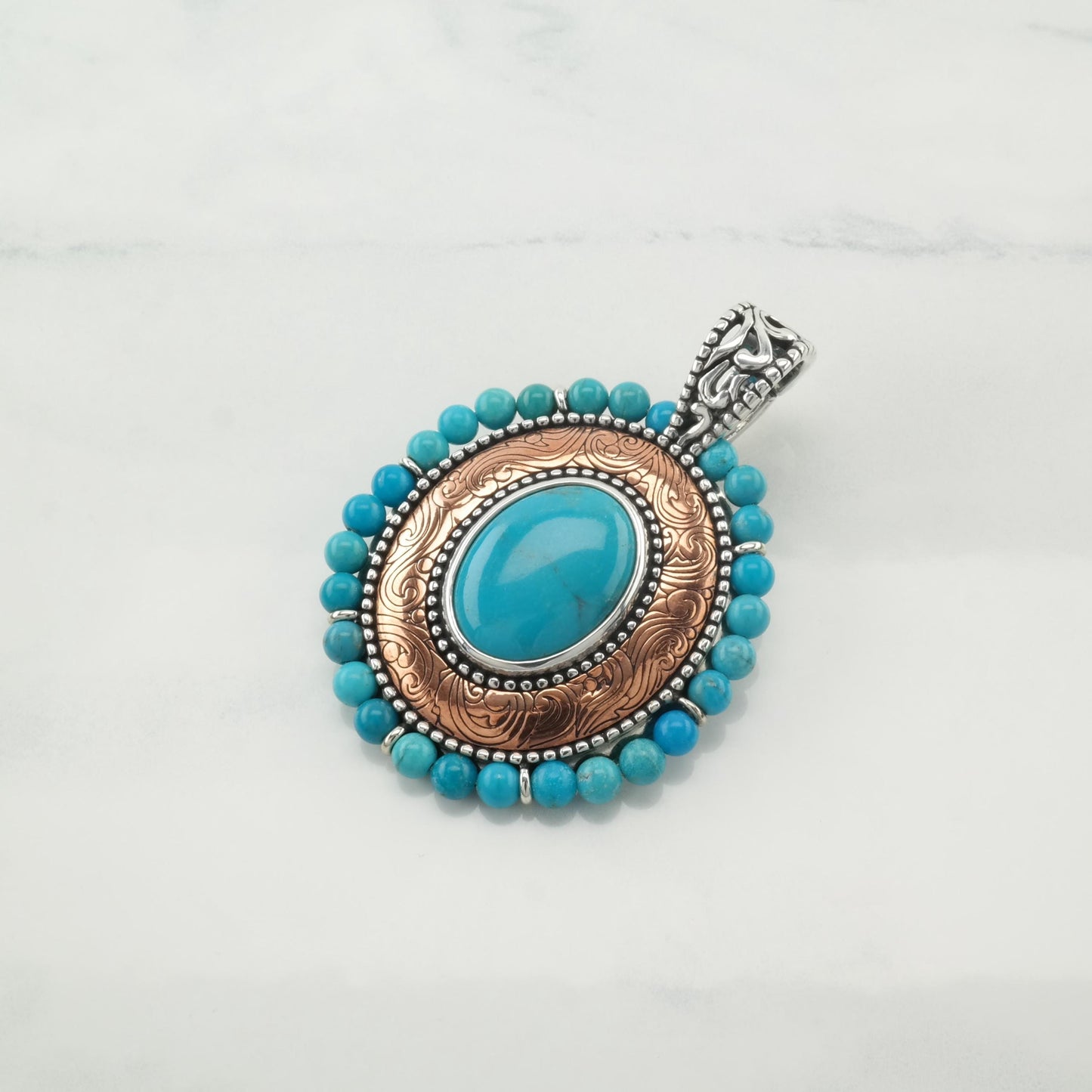 Small Dent Vintage Carolyn Pollack Turquoise Pendant Copper Filigree Sterling Silver