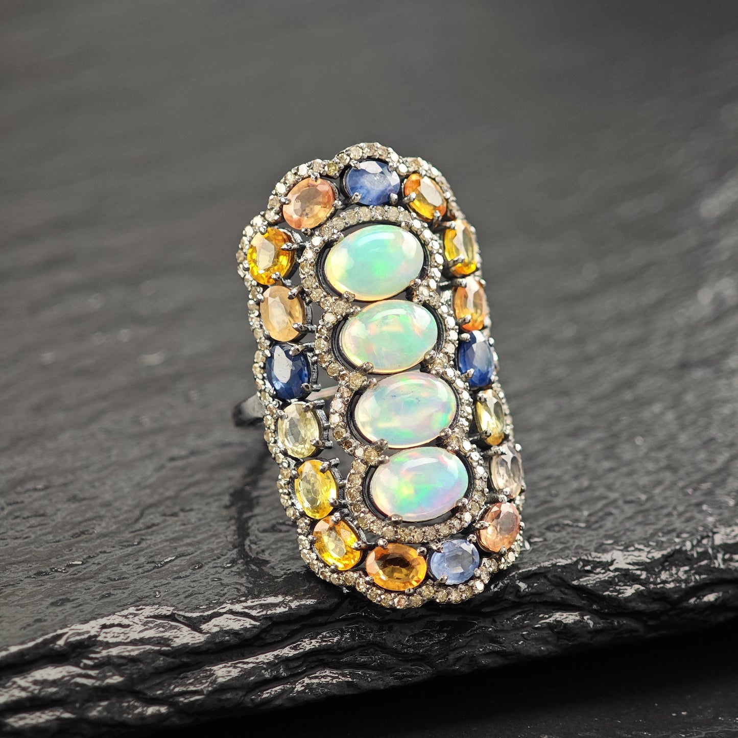 Oxidized Diamond, Opal, Sapphire Sterling Silver Ring R5799