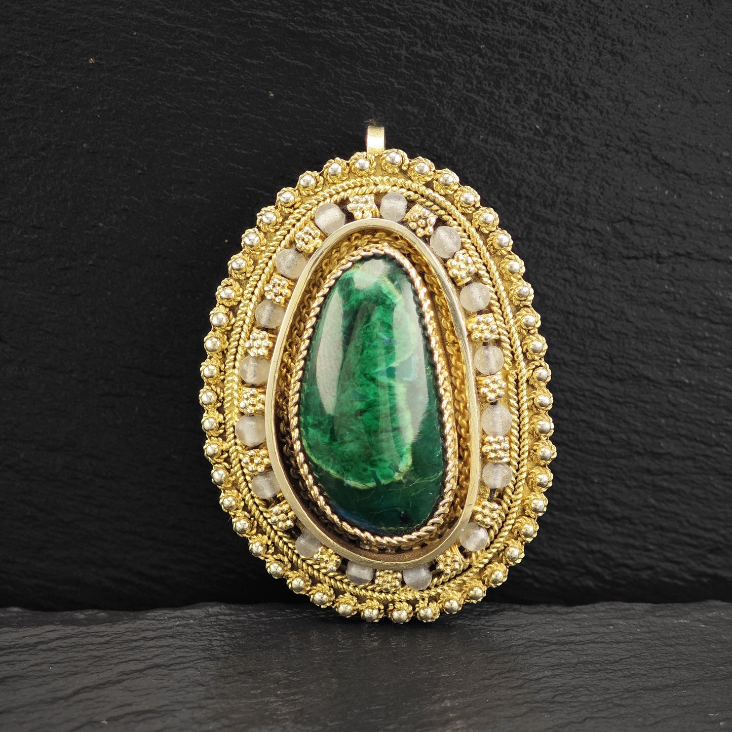 Eilat Stone Pendant/Brooch in Sterling Silver, Gold Gilded with Imitation Pearls