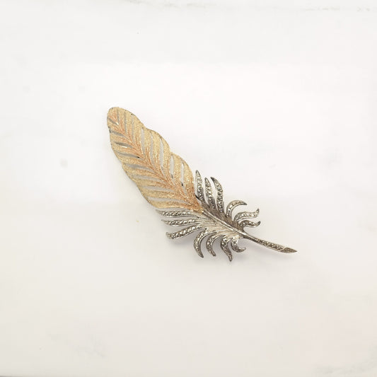 Art Deco Sterling Silver Brooch Large Feather Gold Accent Marcasite