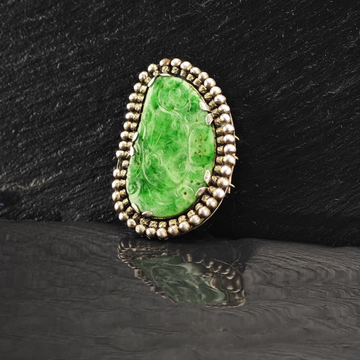 AS IS Carved Jadeite Jade Sterling Silver Fur Clip MISC0415