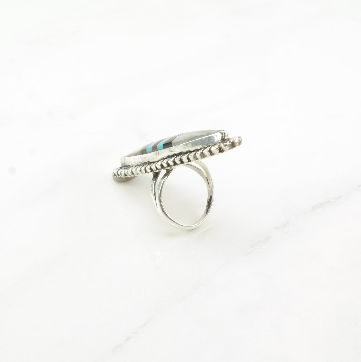 Zuni Silver Ring MOP Onyx Turquoise Navette Long Oval Inlay Sterling Size 6 1/2